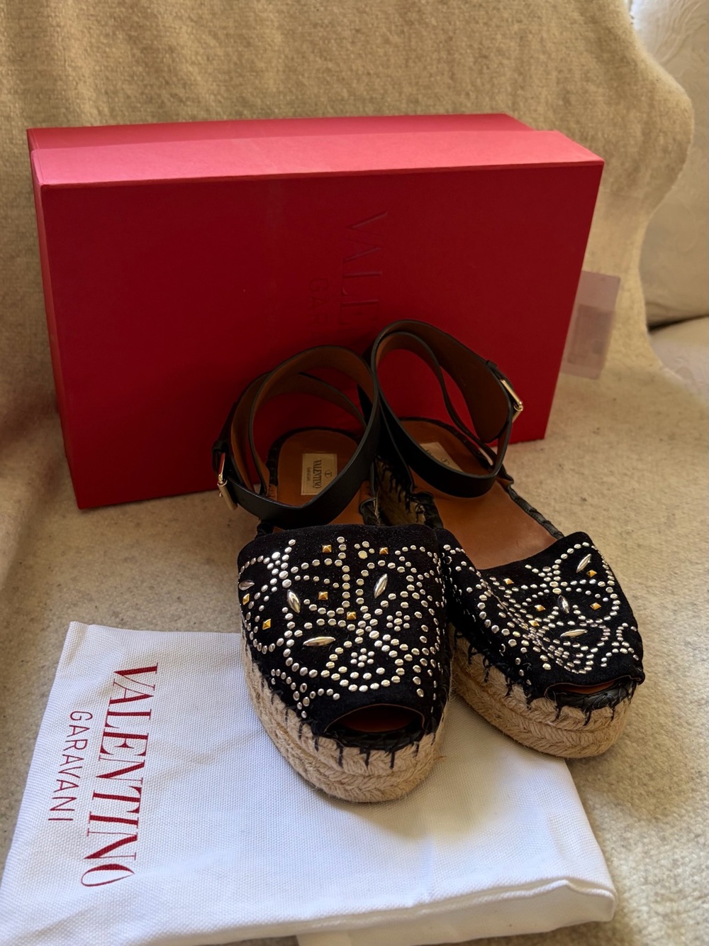Valentino Garavani Black Studded Espadrille Platform Mules